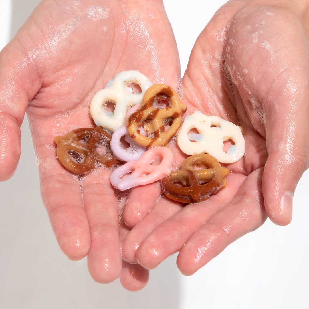 pretzel handmade soap minis in use